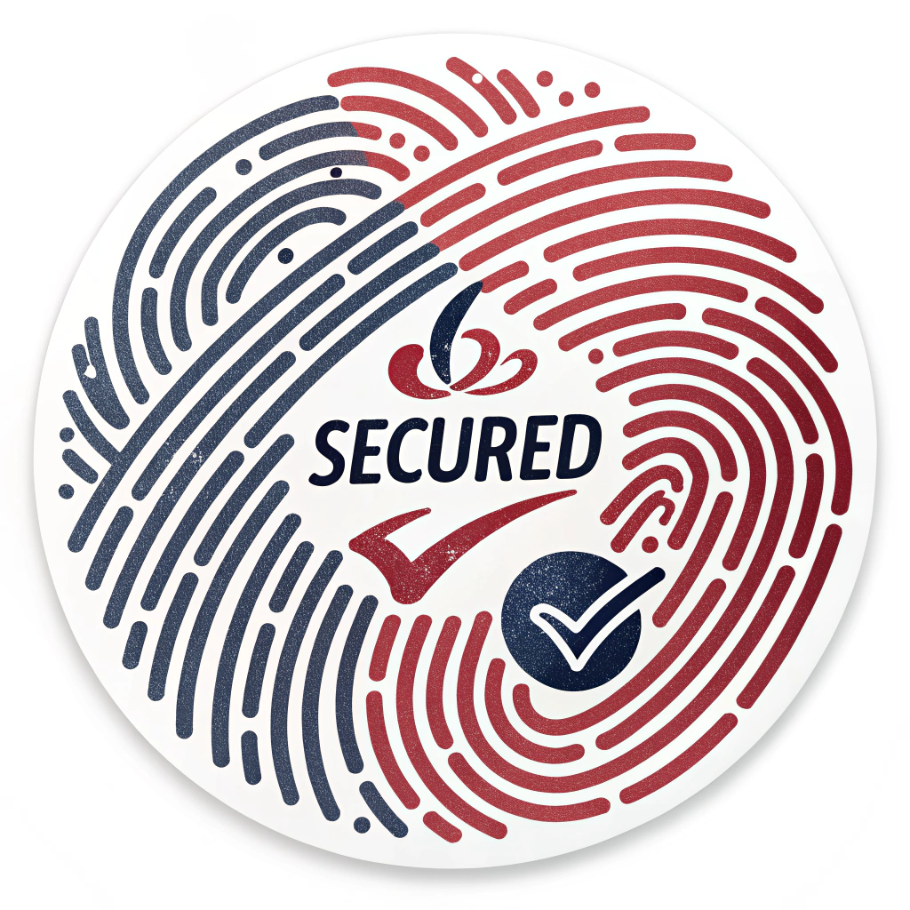 Sub-design Idea 3: An abstract representation of fingerprint whorls that form a dynamic, circular pattern. Within the center, a clear 'SECURED' or checkmark icon is visible. Use bold, contrasting colors for impact.