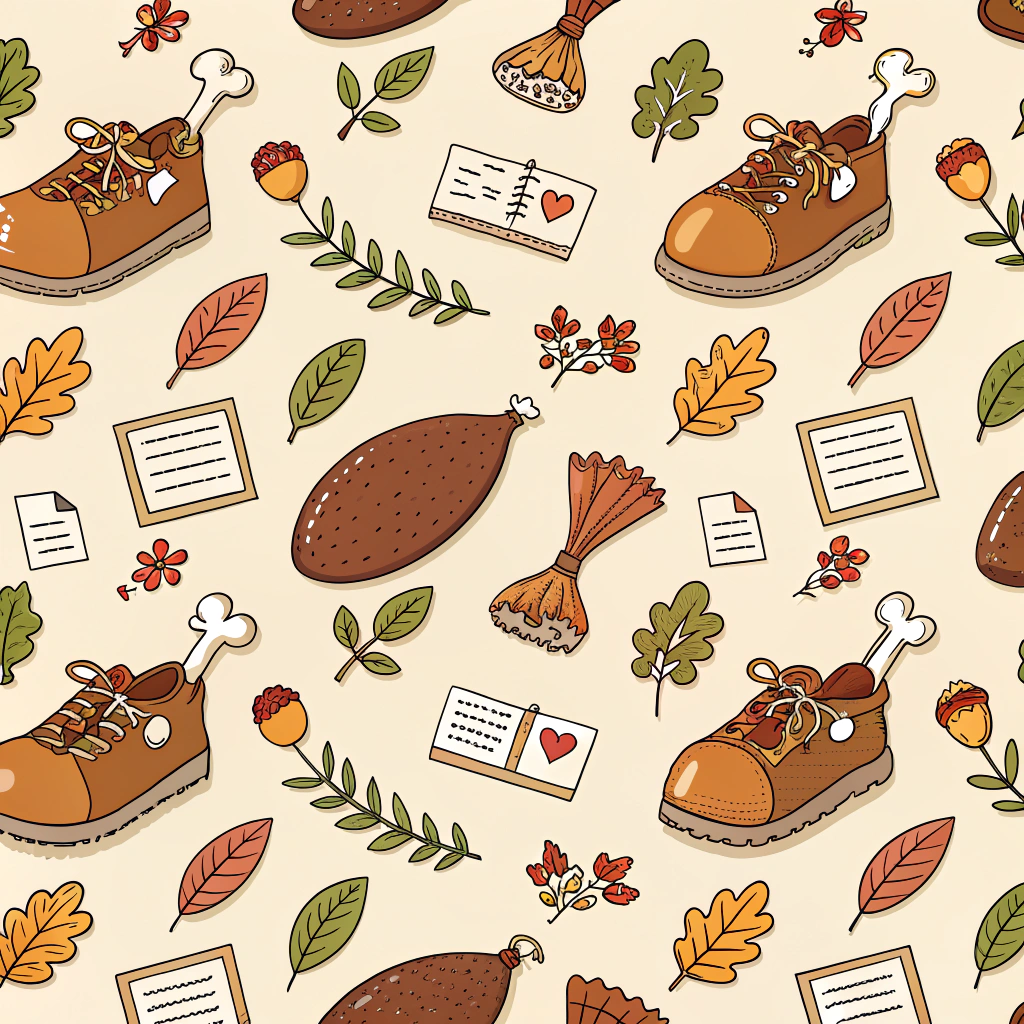 An endearing Thanksgiving pattern showcasing cartoon turkey legs, thank you notes, and pilgrim shoes. Arranged neatly against a plain cream background, the humorous visual representation captures a fun and quirky take on Thanksgiving traditions and gratitude.