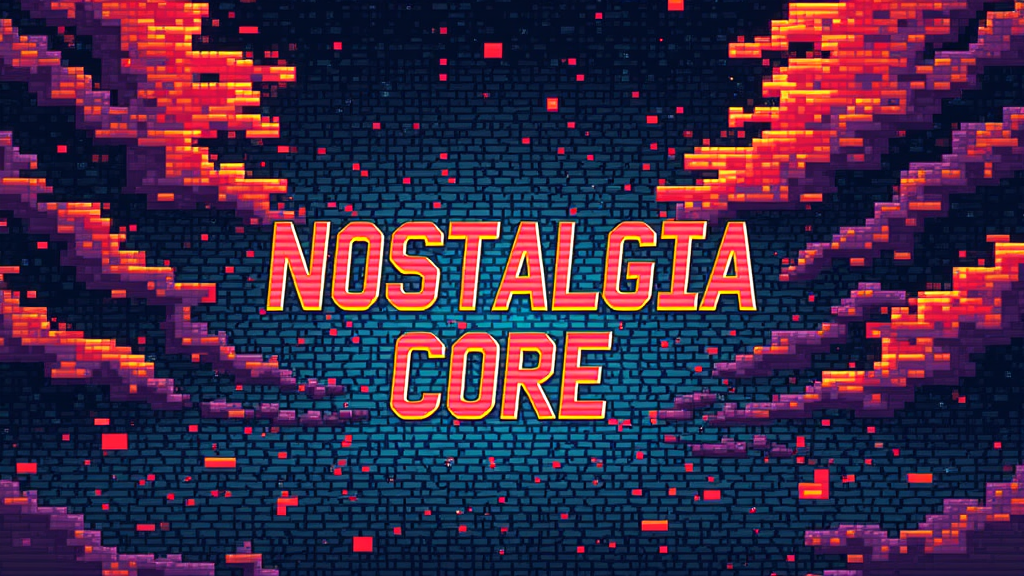 An abstract, vibrant pattern of glitched pixel blocks, distorted lines, and color shifts mimicking a corrupted arcade game screen. The phrase 'Nostalgia Core' could be subtly embedded anachronistically within the pattern.