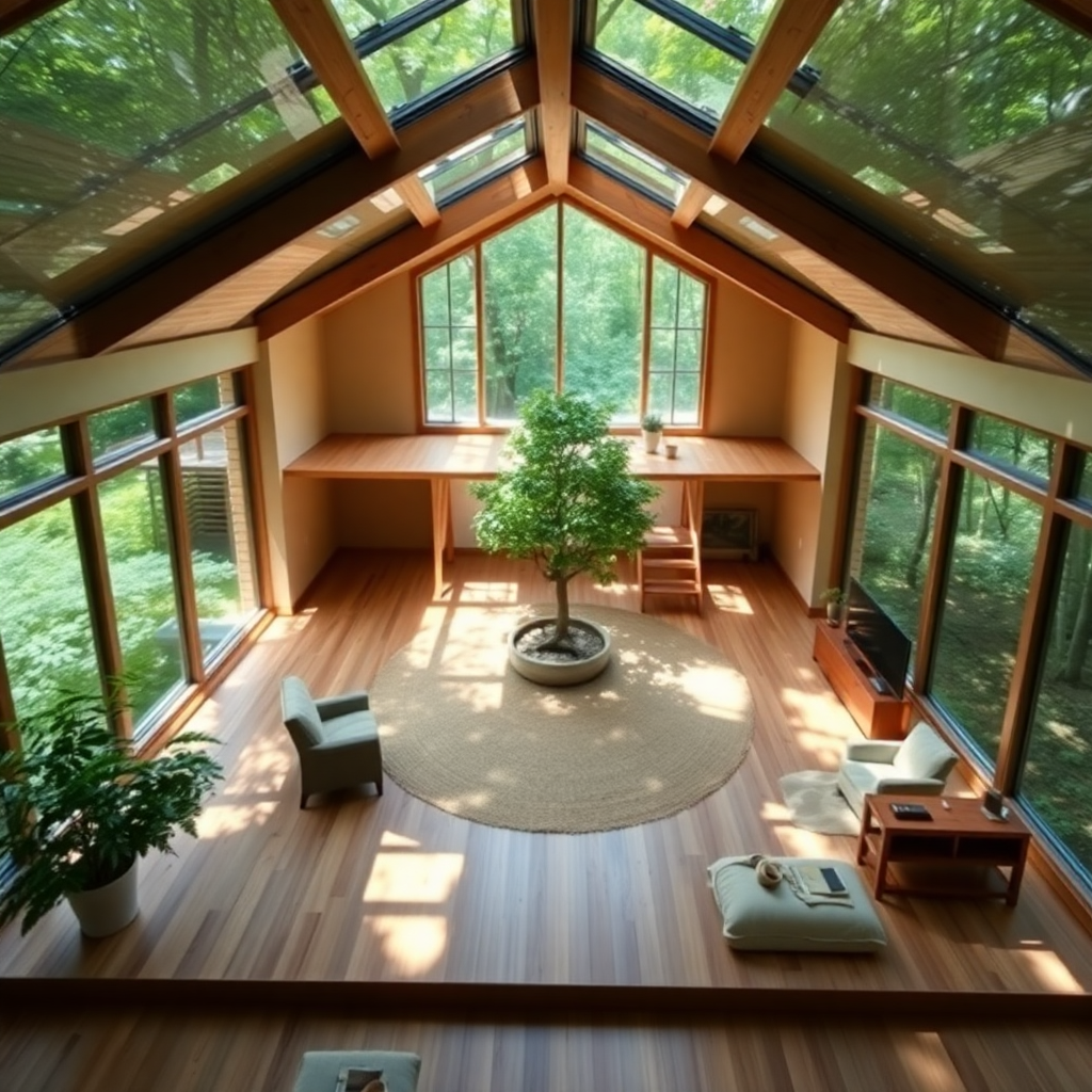 A home built around a central, open-air courtyard with a small, circular forest. The home's design would prioritize natural light and ventilation, with large windows overlooking the inner forest and surrounding landscape. This creates a living space that feels both private and connected to nature.