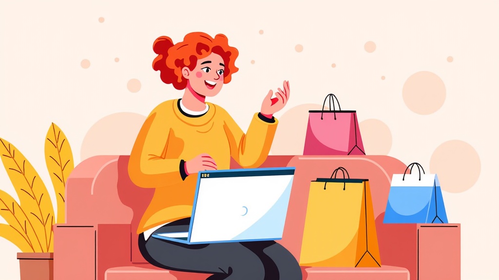  a young woman sitting on a pink couch with a laptop in front of her. She is wearing a yellow sweater and has red curly hair. She has a big smile on her face and is gesturing with her right hand as if she is explaining something on the laptop screen. There are several shopping bags scattered around her, including a pink shopping bag and a blue shopping bag. The background is a light pink color with small white polka dots. On the left side of the image, there is a potted plant with yellow leaves. The overall style of the illustration is flat and cartoon-like.