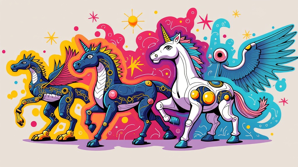 Cyborg Chimera Saga: Illustrate a series of mythical creatures (e.g., griffins, dragons, unicorns) that have been seamlessly fused with advanced cybernetic components by an AI, showcasing a blend of ancient magic and futuristic technology. Each creature could represent a different aspect of AI's potential or peril.