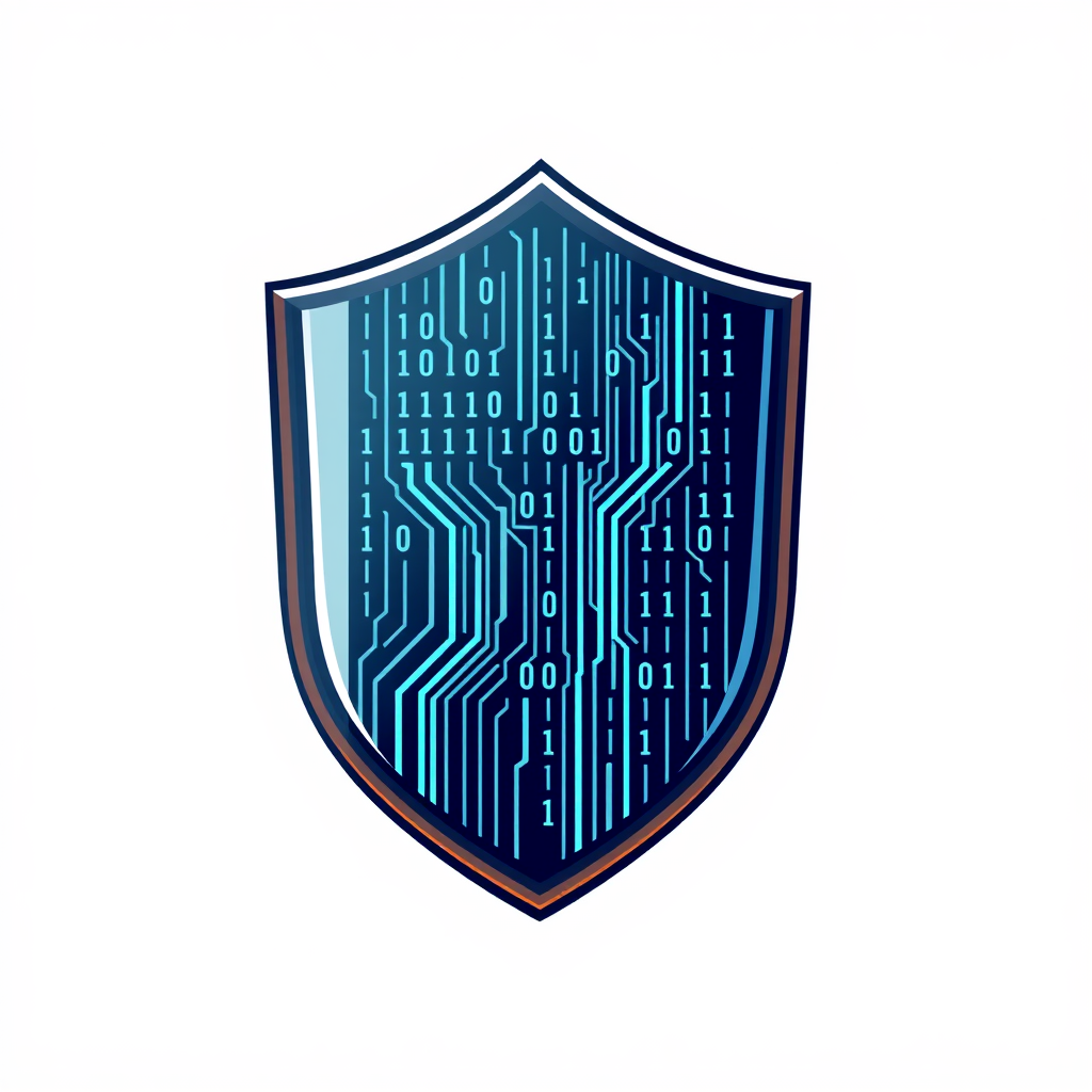 Shield of Data: A modern shield icon where the face is a dynamic display of flowing binary code or abstract data streams, outlined with a sharp cybernetic border, symbolizing robust defense.