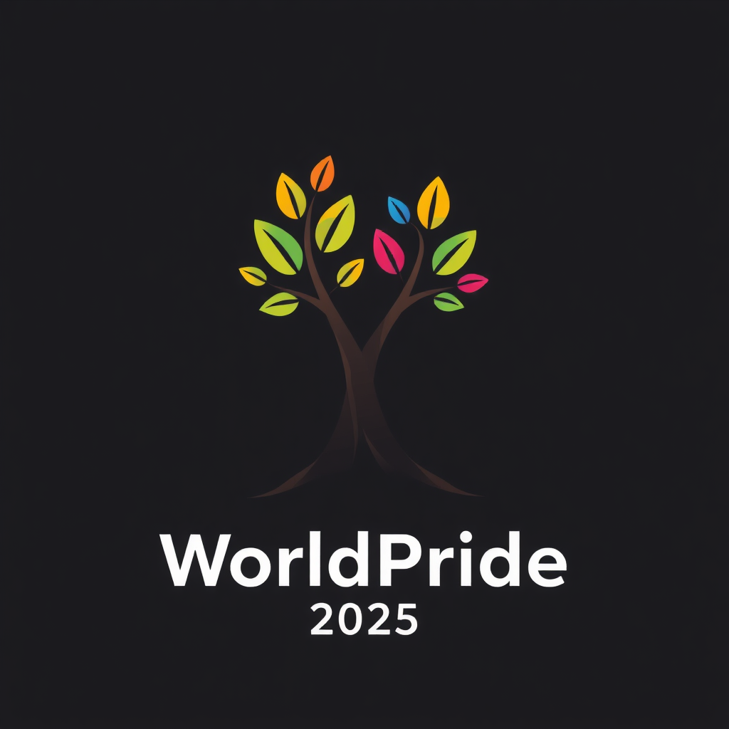 Simple Logo Idea - Entwined Sapling Hands: A logo featuring two stylized saplings whose trunks and branches gently intertwine. Their leaves display a spectrum of pride colors. The intertwining subtly suggests two hands holding, symbolizing growth, unity, and organic celebration for WorldPride 2025. The text 'WorldPride 2025' would be integrated cleanly.