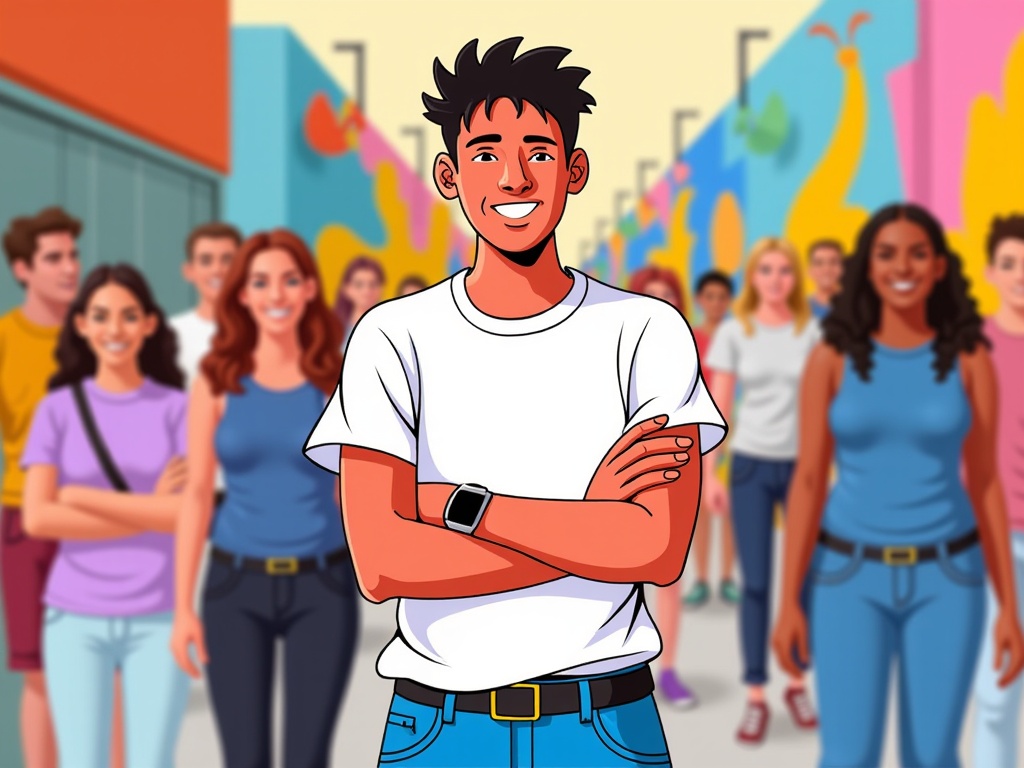  a young man standing in the center of a group of people walking on a street. He is wearing a white t-shirt and blue jeans and has a big smile on his face. His arms are crossed in front of him and he appears to be confident and happy. Behind him, there are several young people of different ages and ethnicities walking in a line, all of them smiling and looking at the camera. The background shows a colorful mural on the side of a building. The overall mood of the image is cheerful and lively.