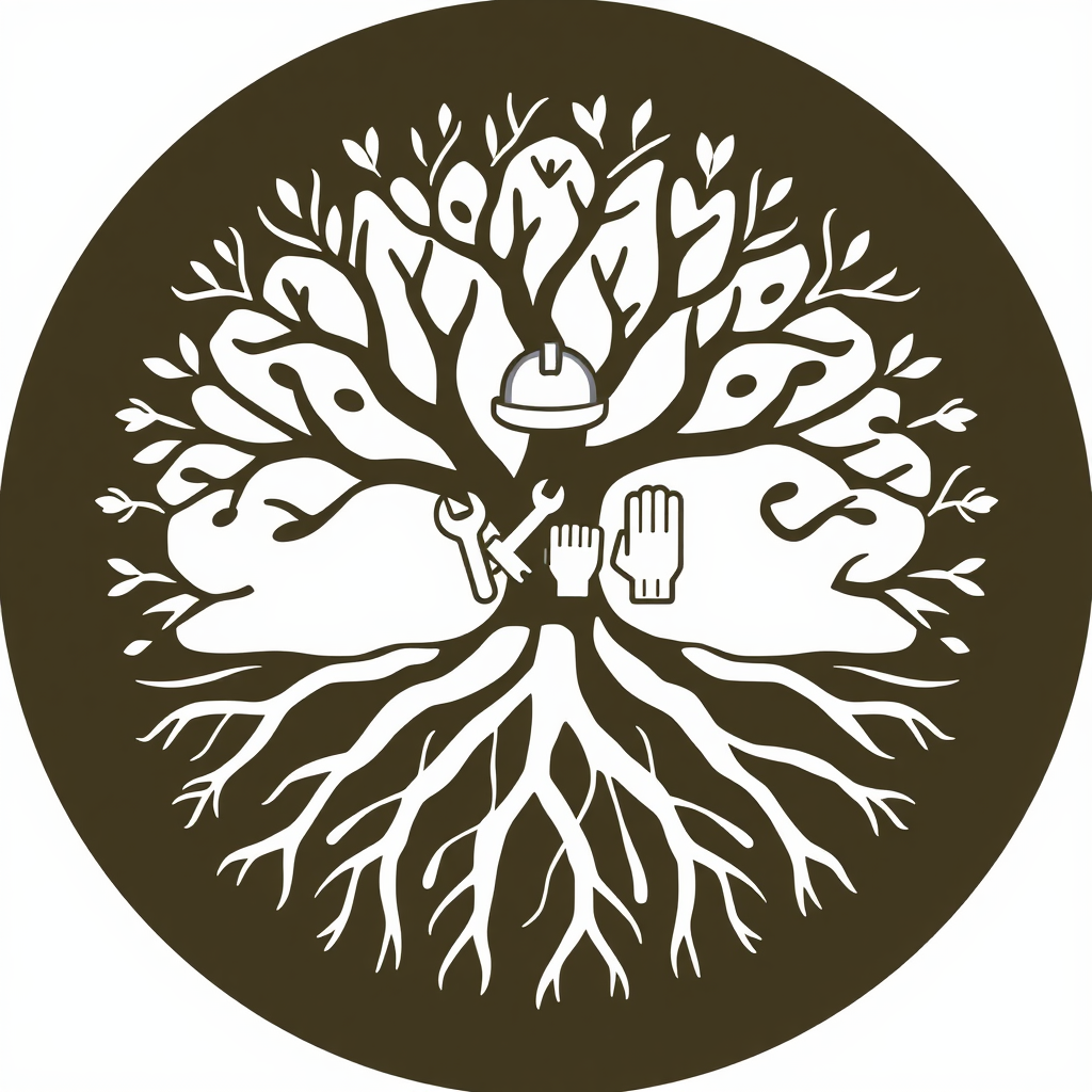 Visualize strong tree roots forming a protective circle or shield shape. Within this natural boundary, subtly integrate minimalist icons of safety tools like a hard hat, wrench, and gloves, appearing as if grown within or supported by the roots.