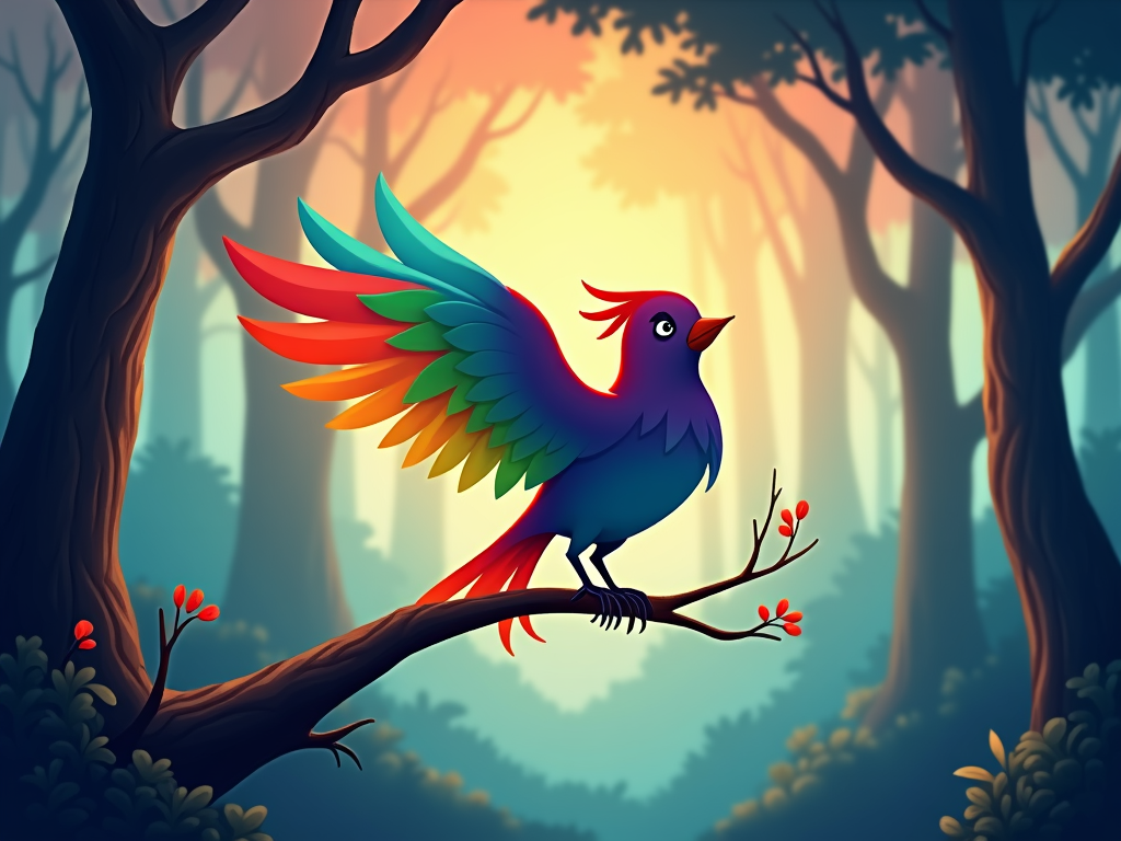 A stylized silhouette of a bird with its feathers depicted as a gradient of rainbow colors.