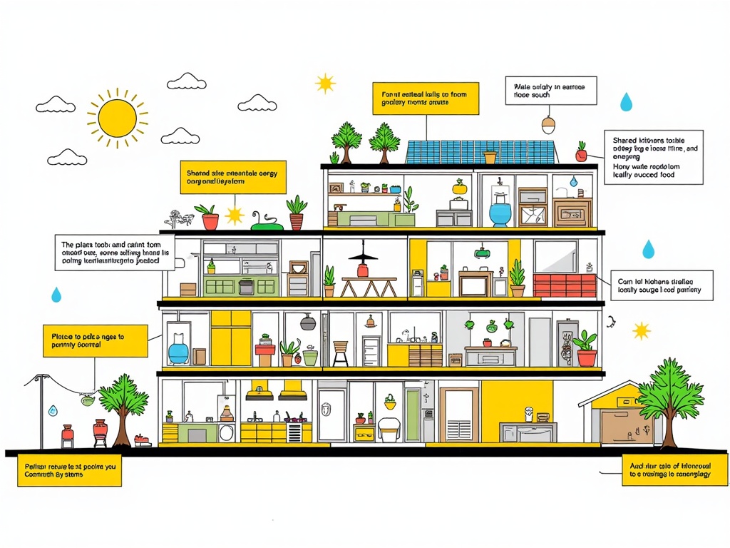 Focus on a cross-section of a sustainable co-living building, highlighting features like shared renewable energy sources (geothermal or community solar), advanced water recycling systems, communal kitchens with locally sourced food, and smart home technology optimizing energy use for residents.