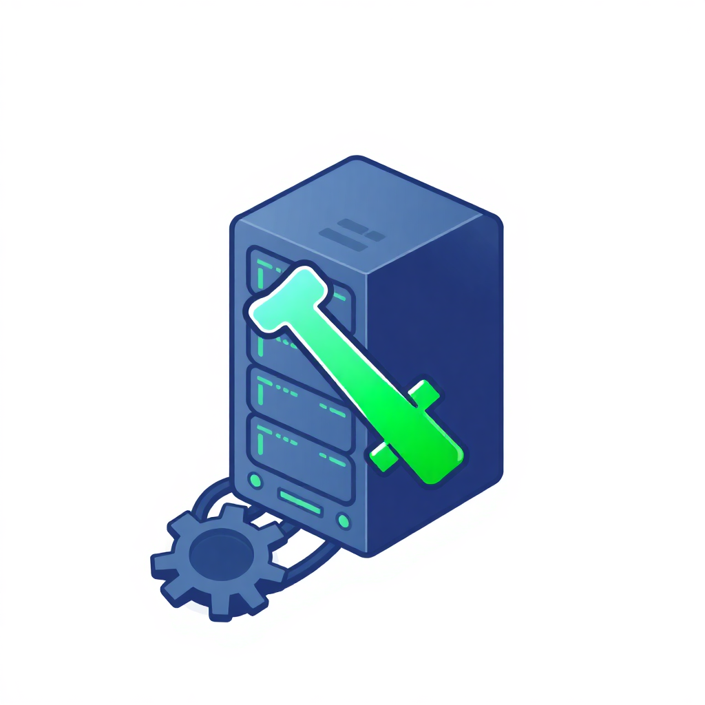 The image is an illustration of a blue computer tower with a green key on top of it. The tower appears to be a server or a data center, with multiple ports and a gear on the bottom. The key is pointing towards the top of the tower, indicating that it is ready to be used. The image is in a 3D style, with a simple and minimalistic design.