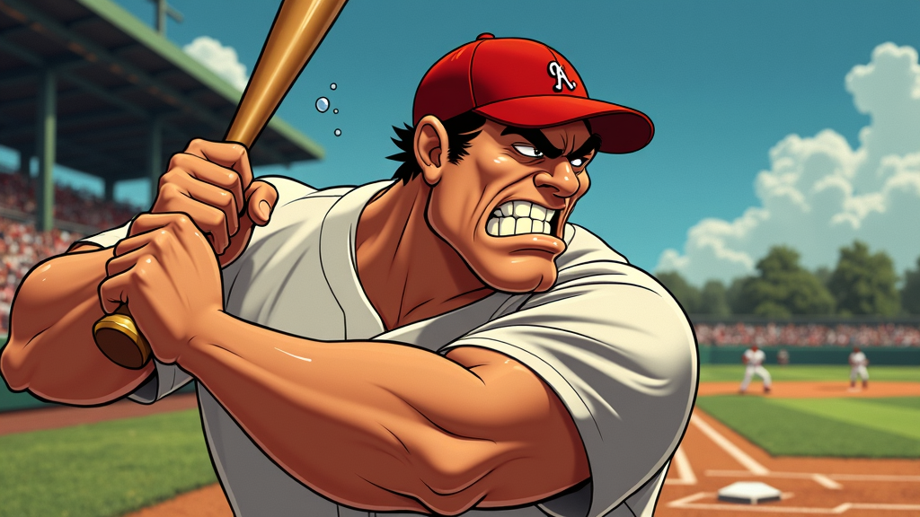 Sub-Design Idea 4: 'Focus and Fury Close-Up' - An intense close-up on Babe Ruth's face and upper torso at the peak of his swing. Features exaggerated facial expressions (gritted teeth, intensely focused eyes), bulging veins and muscles, sweat droplets dramatically flying off, and sharp dynamic speed lines creating a vortex of motion around him, conveying raw power and immense concentration.