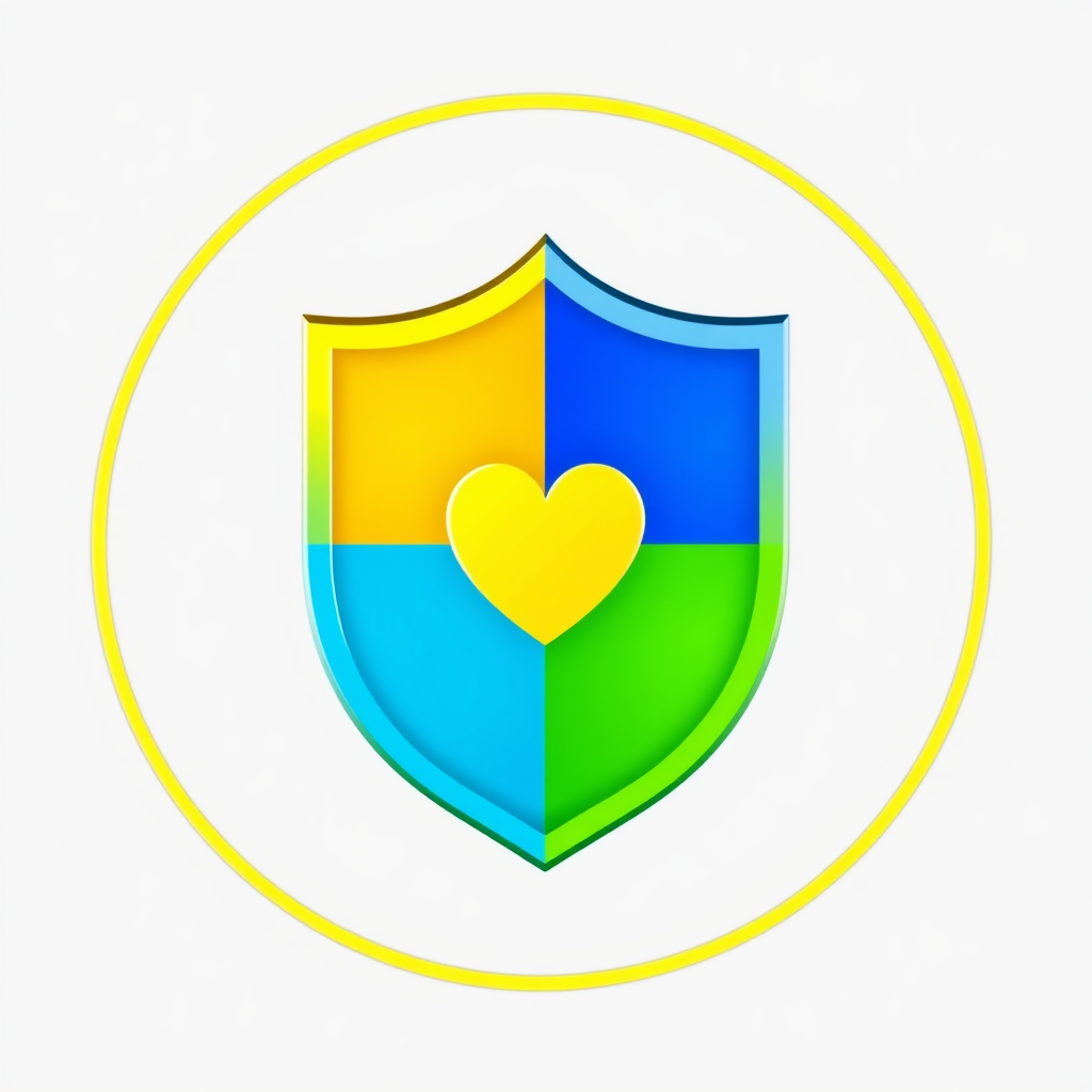 A shield-like circular border, possibly segmented by color to represent different work sectors (yellow for construction, blue for office, green for outdoors). Inside, a central icon like a stylized safe human figure or a heart.