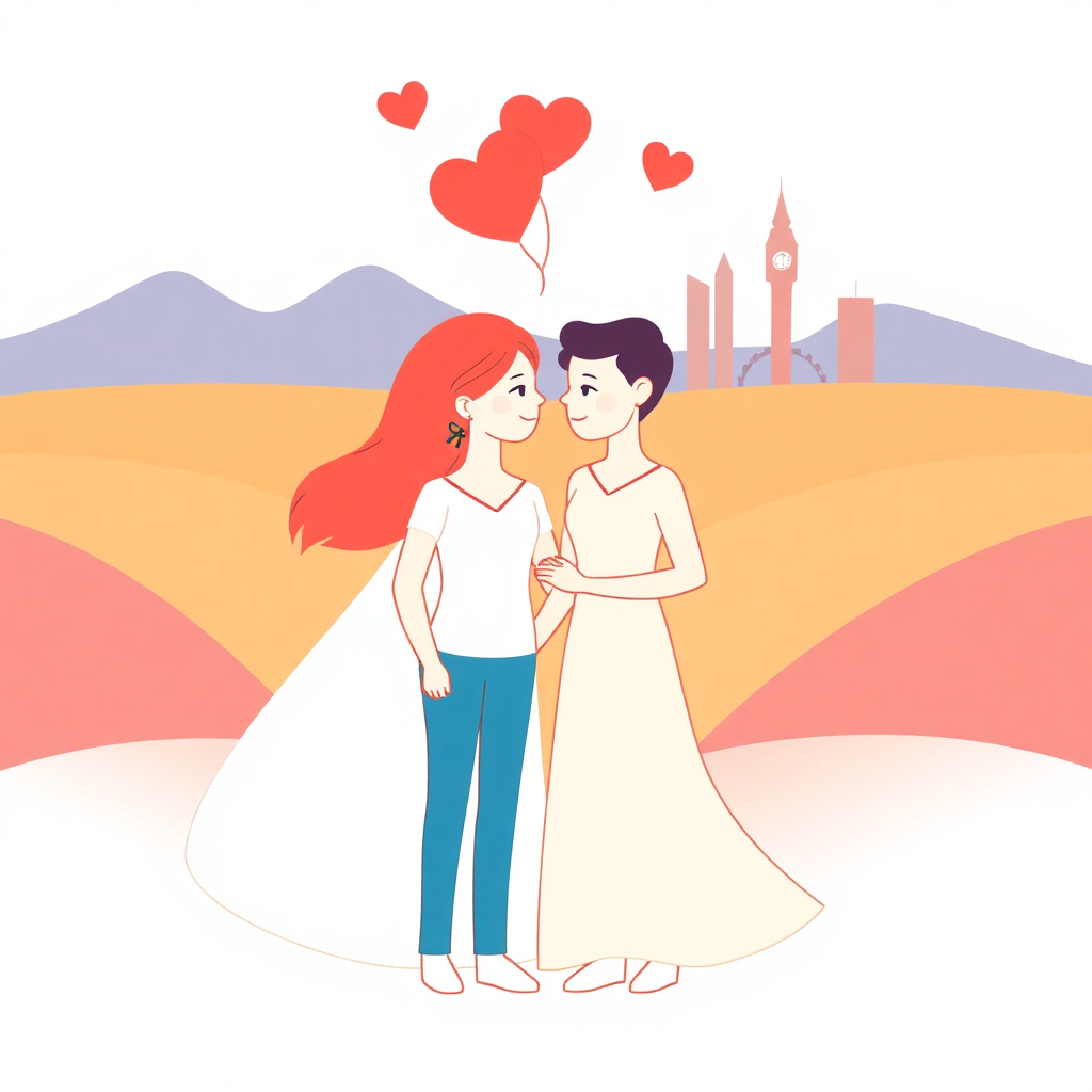 The image shows a cartoon of a bride and groom standing in front of a city skyline, with the bride wearing a white dress and the groom wearing a black suit. The sky is a bright white, and the mountains in the background are a lush green. The couple is surrounded by heart-shaped balloons, adding a romantic touch to the scene.