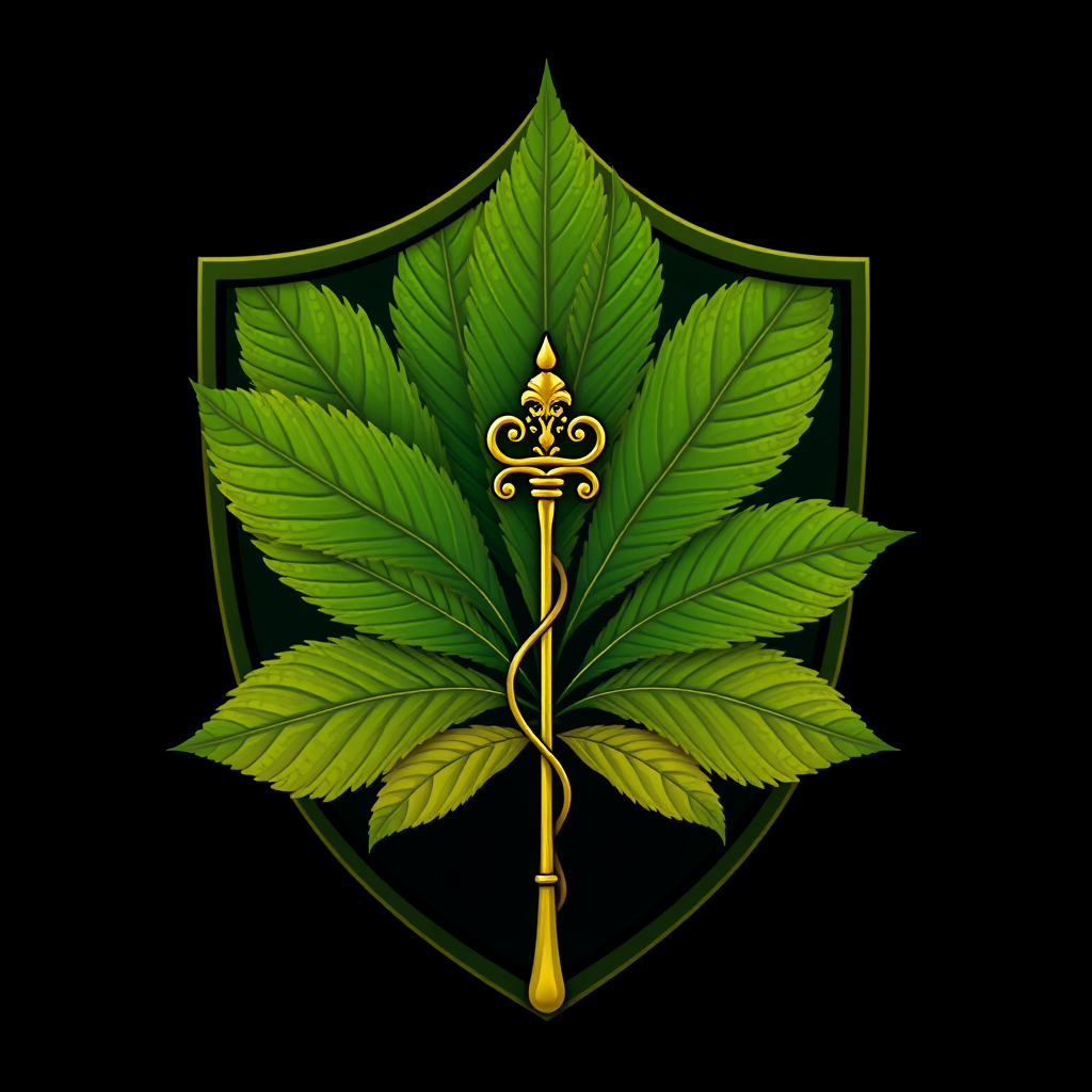 Leaf as Shield & Asclepius Rod: The marijuana leaf itself forms the primary shape and structure of the shield, or a shield is constructed from multiple artistically arranged leaves. A small, elegant Staff of Asclepius is placed as a distinct health emblem within or upon the leaf-shield.
