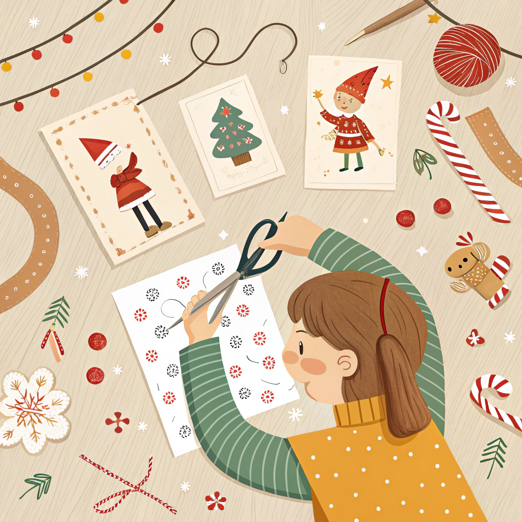 A crafty scene of someone making homemade Christmas ornaments, scissors in hand, using papers with cheerful patterns ranging from playful elves to candy cane stripes.