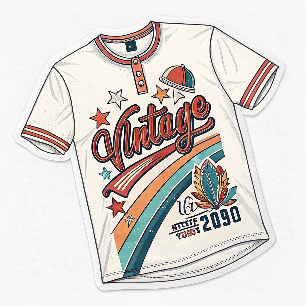 The image is of a white t-shirt with a graphic design on the front. The design features the word Vintage written in a bold, cursive font in orange and red colors. The word is surrounded by a colorful striped pattern in shades of blue, orange, and green. Below the word, there is an illustration of a baseball cap with a feather on top, representing the year 2020. The shirt has a collar and short sleeves with red and orange stripes on the sleeves. The overall style of the design is vintage and retro.