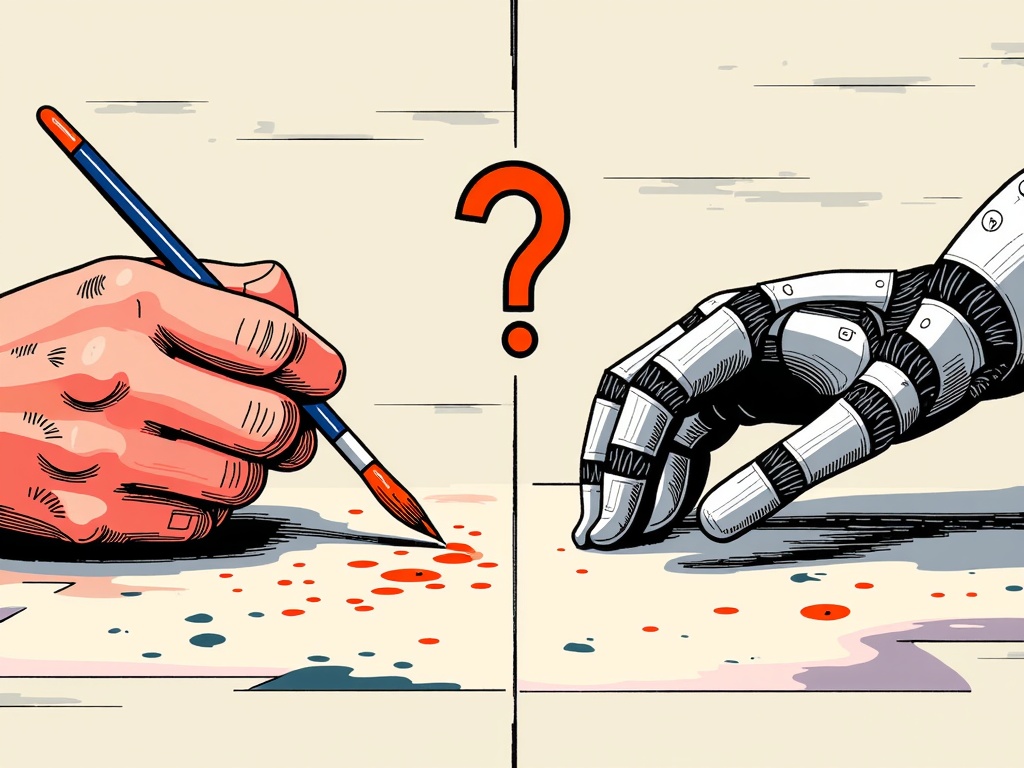 An illustration depicting a split image: one side showing a traditional artist's hand, the other a robotic hand, both creating art, with a subtle digital 'seam' or question mark between them to represent ethical ambiguity and authenticity questions.
