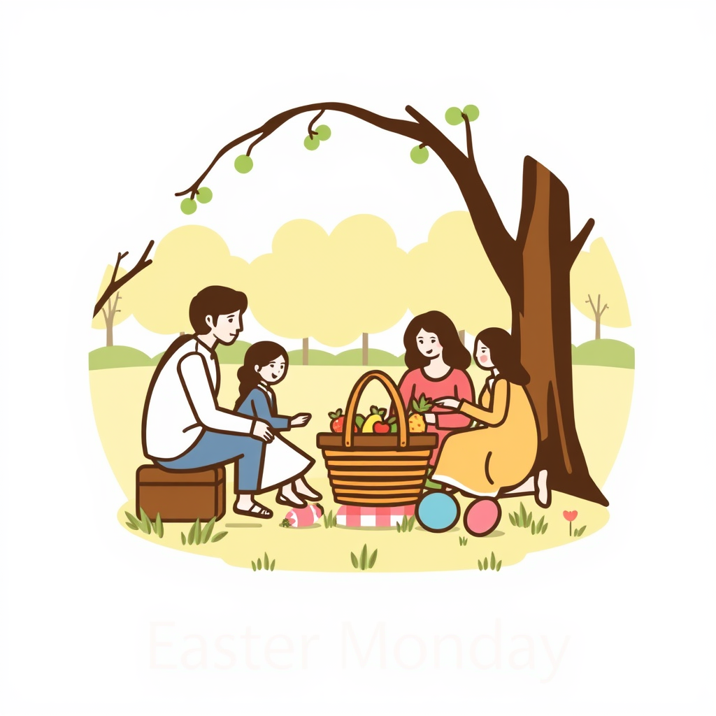 A simple icon depicting a family gathered around a picnic basket in a park, symbolizing the tradition of family gatherings on Easter Monday.