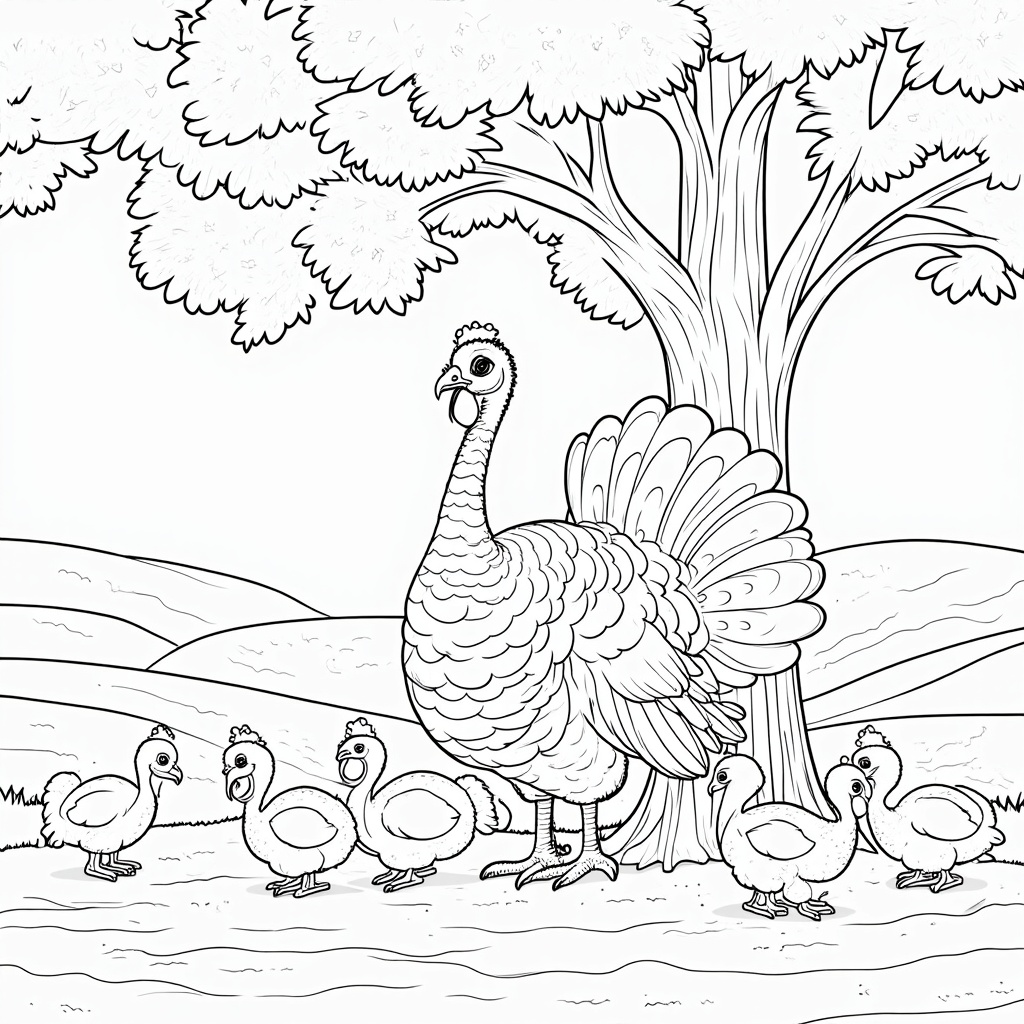 A turkey and its family, sketched under a large oak tree in a peaceful countryside setting.