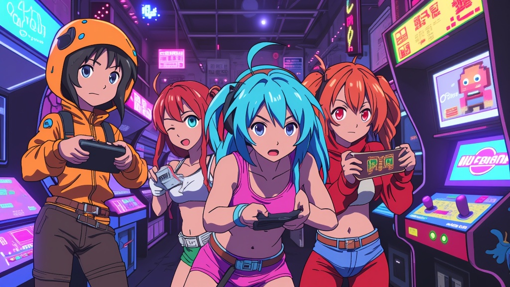 Retro Gaming Heroes: Anime characters cosplaying as iconic 8-bit or 16-bit video game heroes, with the art style incorporating pixel art elements or a retro game UI overlay, imagining them at a MomoCon retro arcade area.