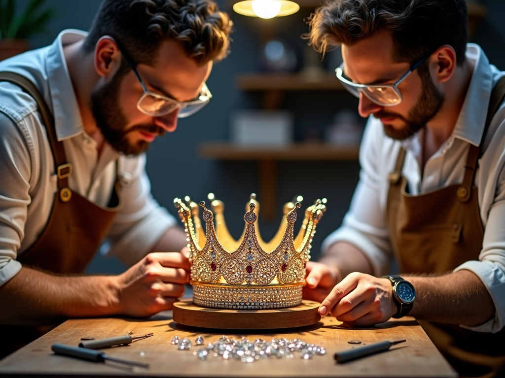 Craftsmen polishing a crown, ensuring each gemstone sparkles to perfection, with tools laid out beside it.