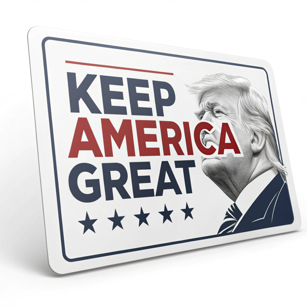 A rectangular sticker with the text 'Keep America Great' in a dynamic, angled design, with a subtle image of Trump's face in the background.