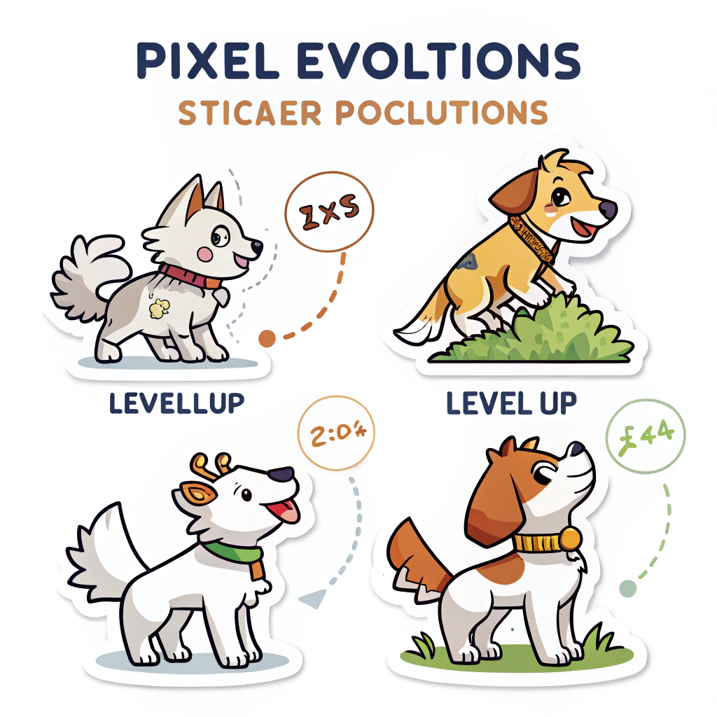 Pixel Pet 'Evolutions': Stickers showing pets transforming or 'leveling up' from simple to more complex or varied forms.