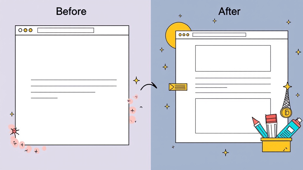 A before-and-after concept. 'Before': a plain text block or a simple wireframe of a webpage. 'After': the same content transformed with vibrant, contextually relevant AI-generated illustrations, highlighting visual appeal and engagement.
