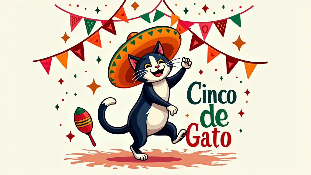 Dancing Gato with Papel Picado: A cat in a sombrero joyfully dancing on its hind legs, surrounded by colorful Papel Picado (Mexican cut paper banners) and festive elements. Text: 'Cinco de Gato: Shake Your Maracas!'