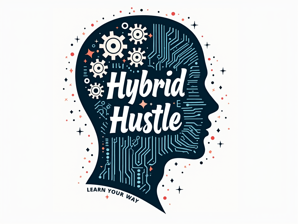 3. 'Brain-Tech Fusion': A stylized graphic of a human head silhouette. One half shows traditional learning elements (e.g., gears, book pages pattern), the other half shows digital elements (e.g., circuit board lines, binary code). 'Hybrid Hustle' is integrated into the outline, and 'Learn Your Way' is positioned underneath.