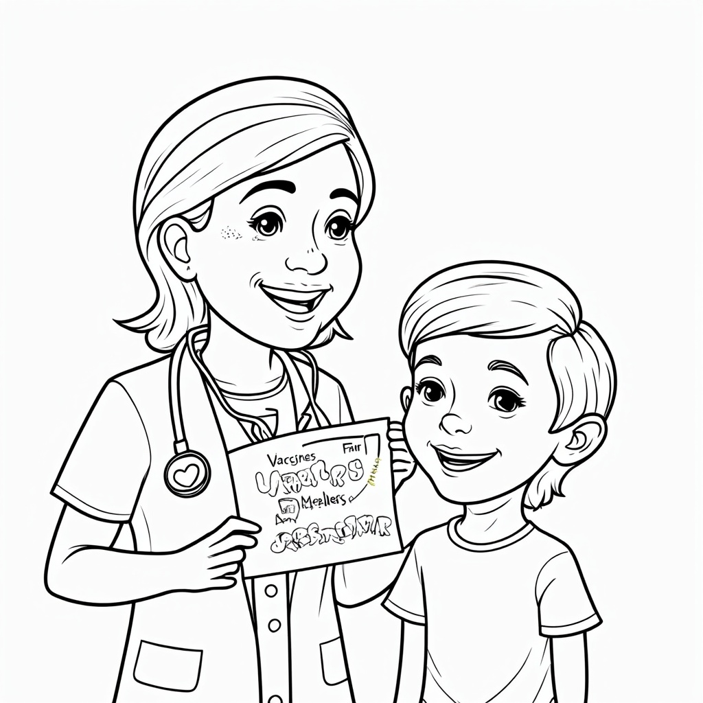 A friendly doctor, possibly with a stethoscope shaped like a heart, smiling and showing a child a colorful chart about how vaccines keep them healthy from measles. The child is looking curious and engaged.