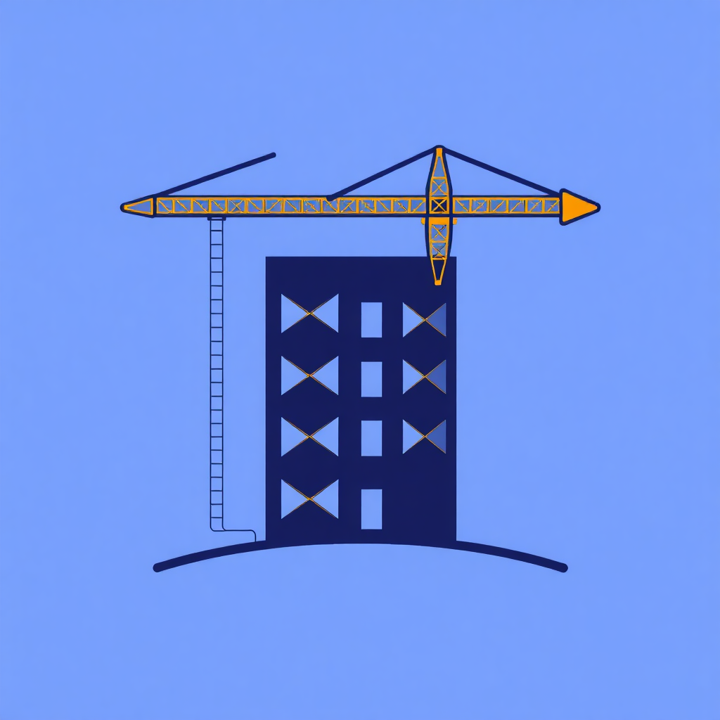 The image is an illustration of a construction crane on top of a tall building. The crane is yellow in color and has an arrow pointing towards the right side of the image. The building appears to be a tall, rectangular structure with multiple windows and a ladder on the left side. The background is a solid blue color. The image is simple and minimalistic, with no other elements or decorations.