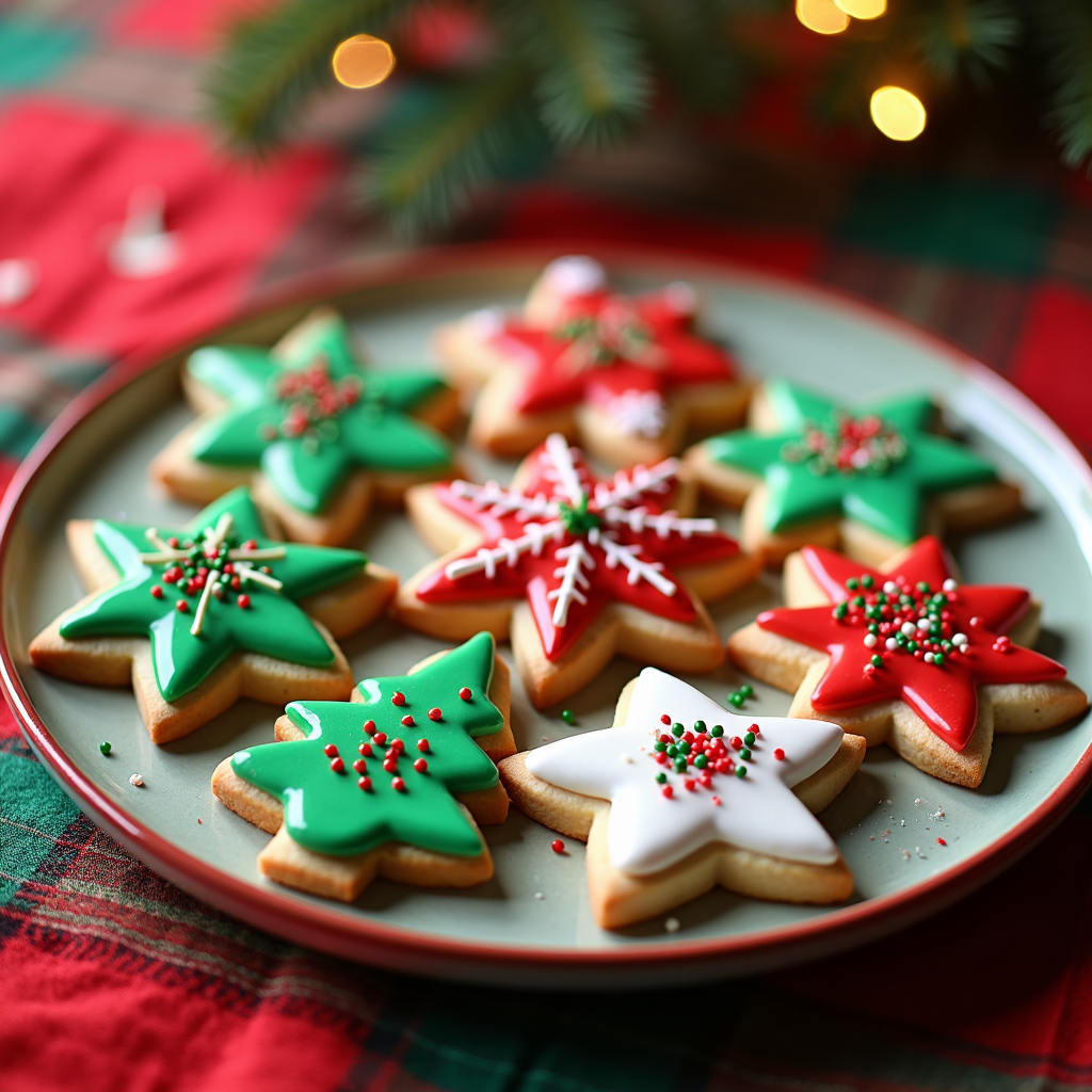  a plate of decorated Christmas cookies on a red and green plaid tablecloth. The cookies are in the shape of stars and are decorated with red, green, and white icing and sprinkles. The plate is round and has a gold rim. In the background, there is a small Christmas tree with lights. The overall mood of the image is festive and cheerful.