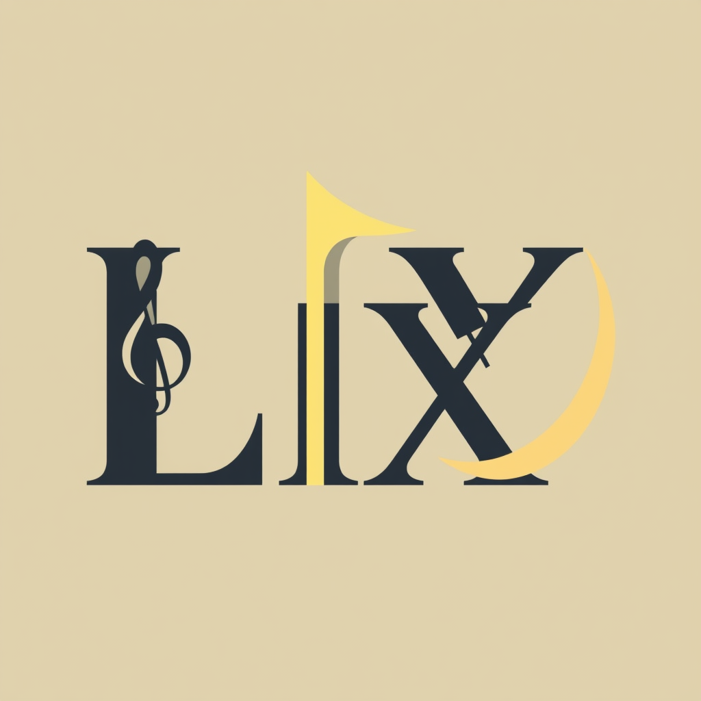 Jazz Ensemble LIX: The Roman numerals LIX are stylized to evoke brass instruments (e.g., curves of a saxophone, bell of a trumpet), with musical notes or clefs forming part of the design, and a crescent representing a flowing sound wave or stage light.