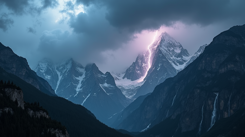 Wallpaper of a thunderstorm over a mountain range. Majestic peaks pierce the swirling storm clouds, with sheets of rain cascading down the slopes. Lightning arcs highlight the rugged terrain, emphasizing the mountains' sheer size and power. This dramatic image beautifully captures the raw interplay between weather and landscape.