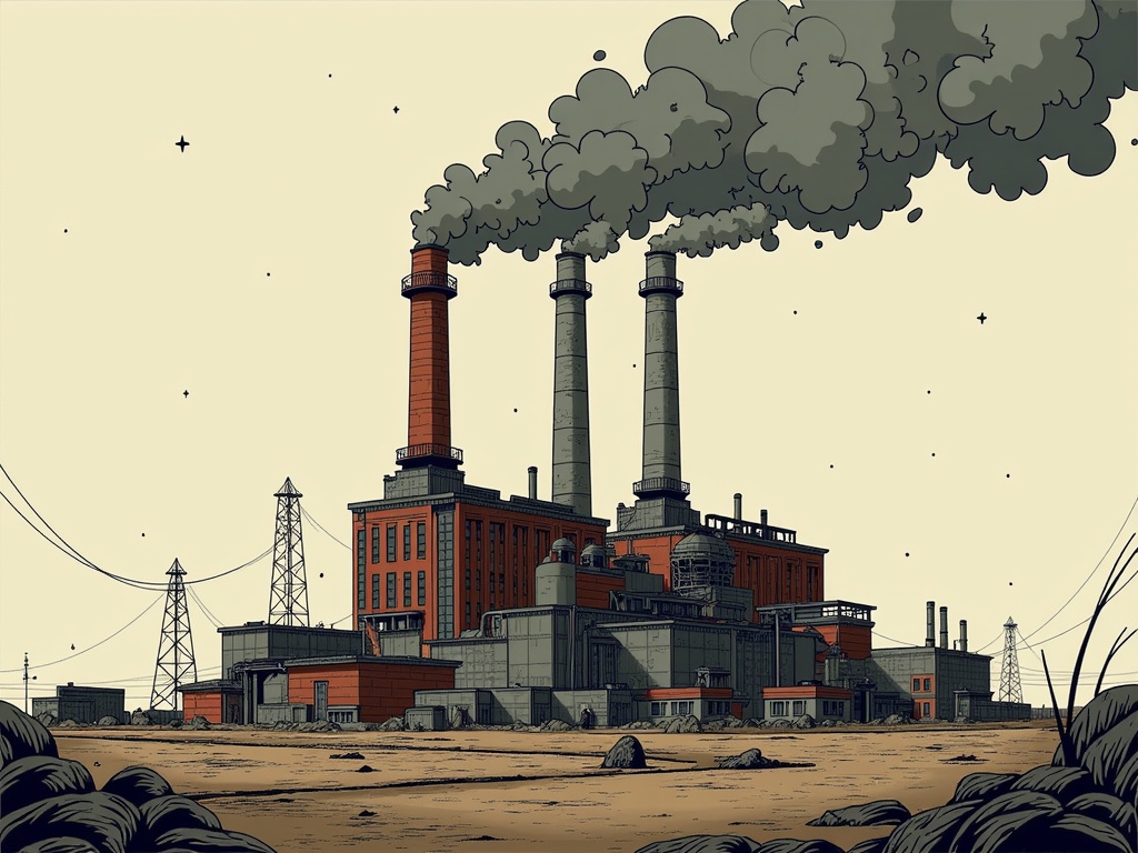 The image is an illustration of a factory with three tall chimneys emitting black smoke. The factory is located in an open area with a sandy ground and a few rocks scattered around. The sky is a pale yellow color and there are a few birds flying in the background. The chimneys are tall and cylindrical, with red brick walls and white chimneys. There are also several power lines and transmission towers visible in the image. The overall mood of the image is bleak and desolate.