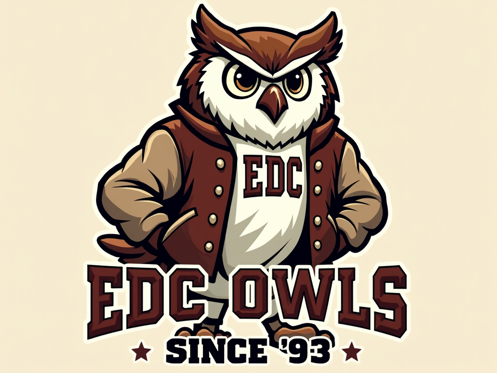 Sub-design 3: Varsity Owl Mascot - Design the owl as a retro college sports mascot, possibly with 'EDC Owls - Since '93' in a classic athletic block font with a cracked print effect.