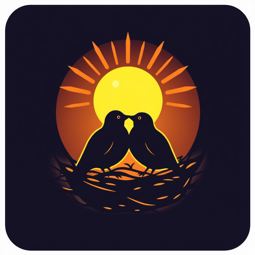 A silhouette of two birds nestled together, with a sun rising behind them, creating a warm, loving ambiance.