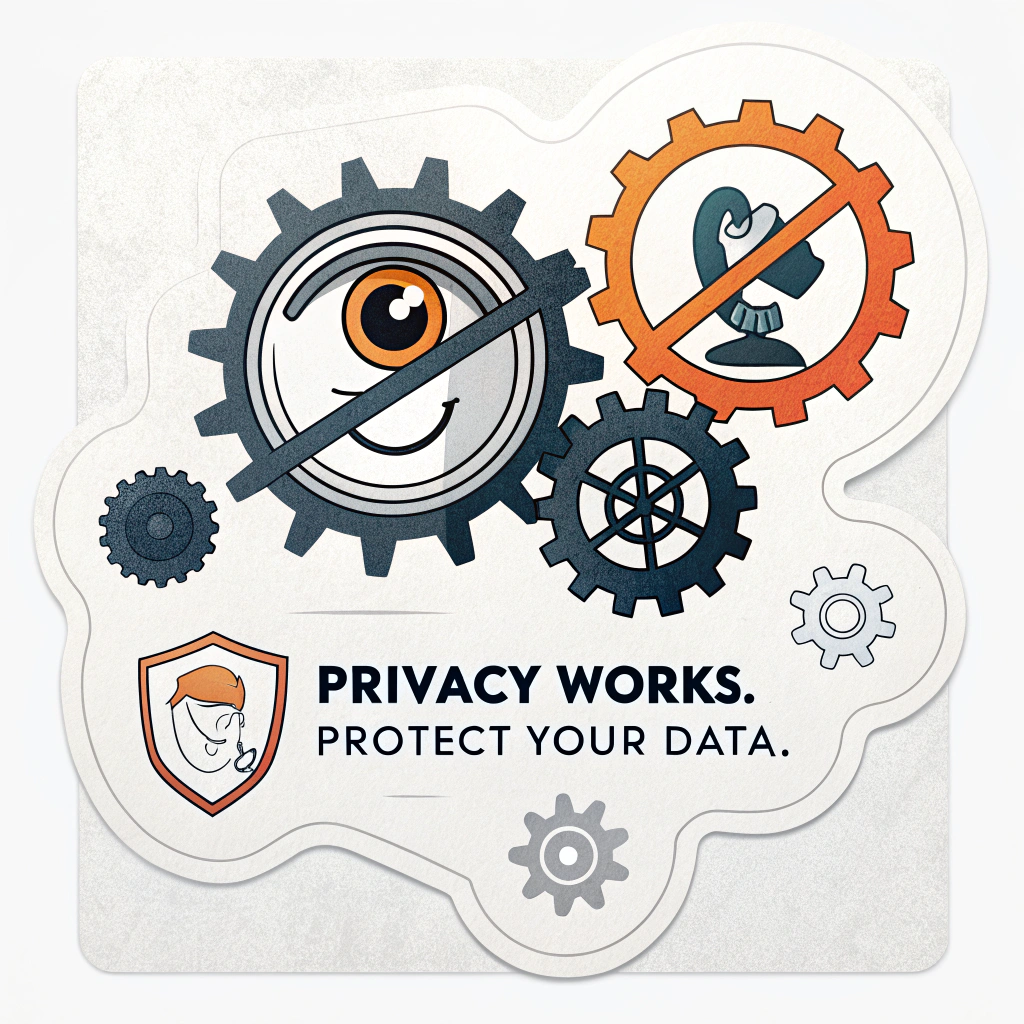 Privacy Gear Sticker: A design featuring interconnected gears, where the central gear features a stylized eye with a slash through it (symbolizing 'no unauthorized viewing' or privacy). Text: 'Privacy Works. Protect Your Data.' Color palette: Industrial grays, oranges for energy, and a contrasting color for the 'privacy eye'.