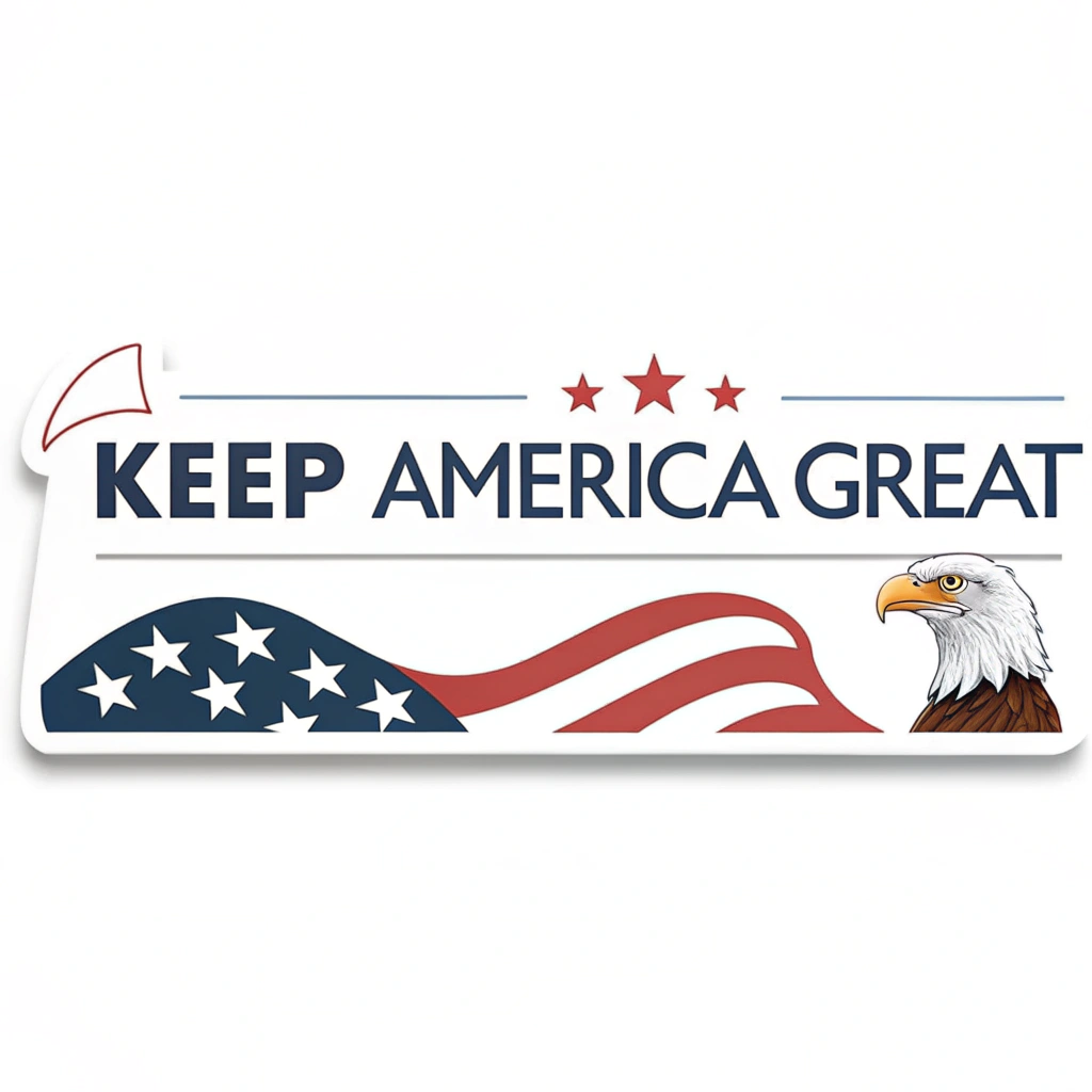 A bumper sticker design that is long and rectangular with the 'Keep America Great' slogan and a small, patriotic icon, like an eagle or star.