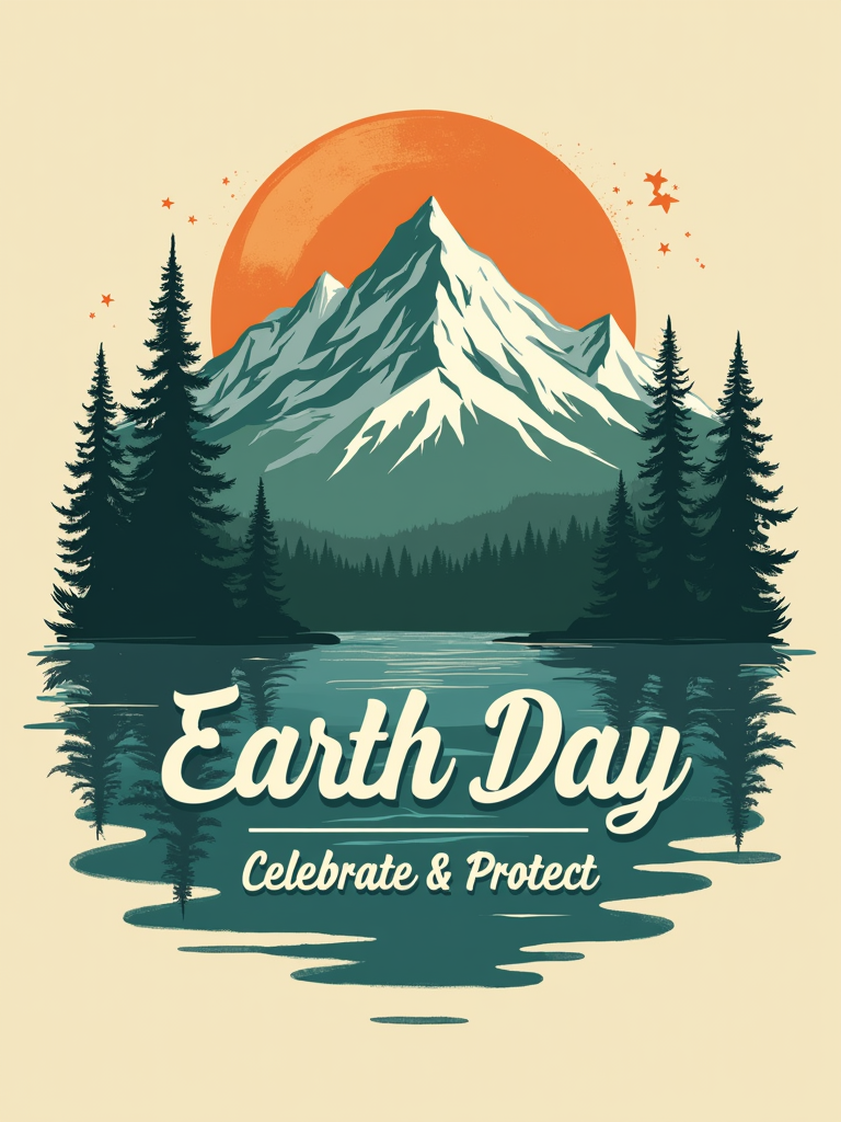 A graphic inspired by vintage national park posters. Show a stylized landscape (mountains, forest, ocean) with a subtly integrated Earth silhouette. Use a limited, retro color palette and bold, clean typography spelling out 'Earth Day: Celebrate & Protect' or 'Our Planet, Our Future'.