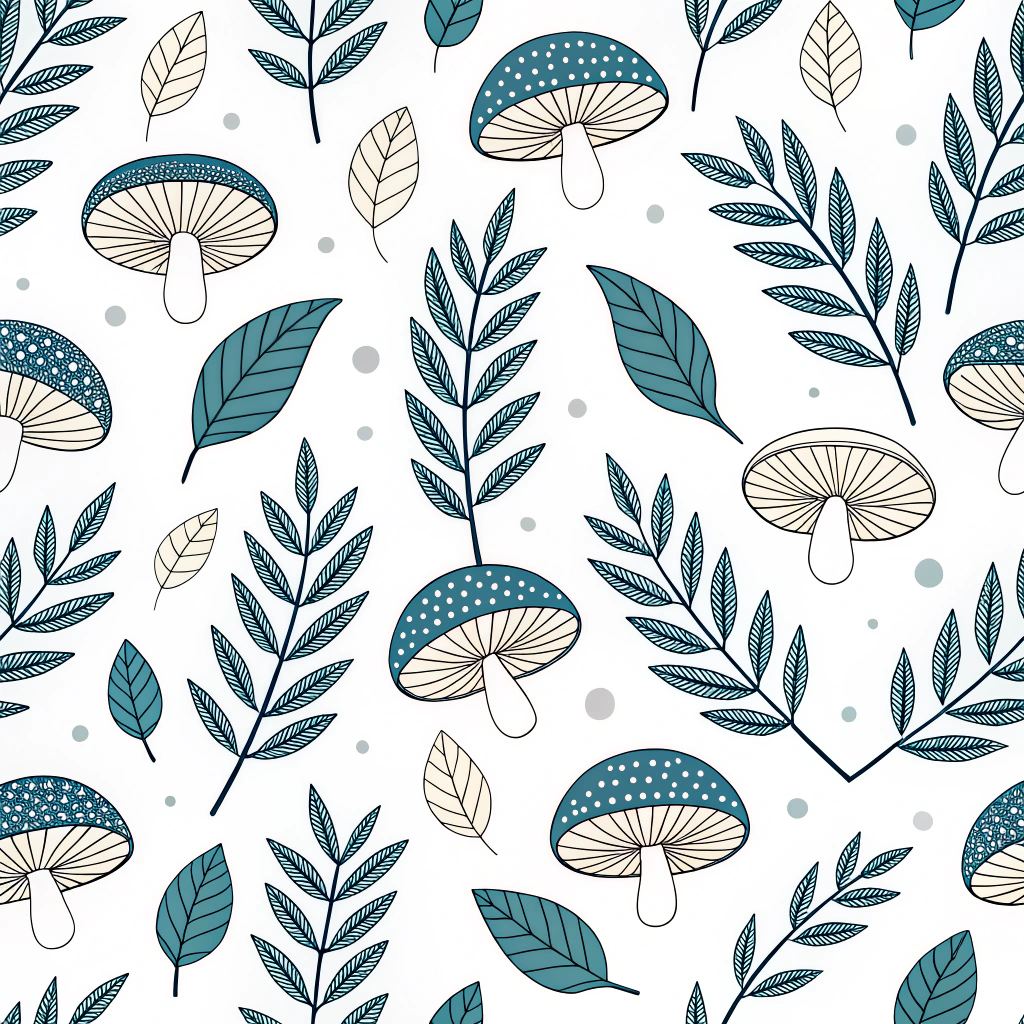 A modern geometric pattern featuring sharp-edged leaves and perfectly round mushroom caps.