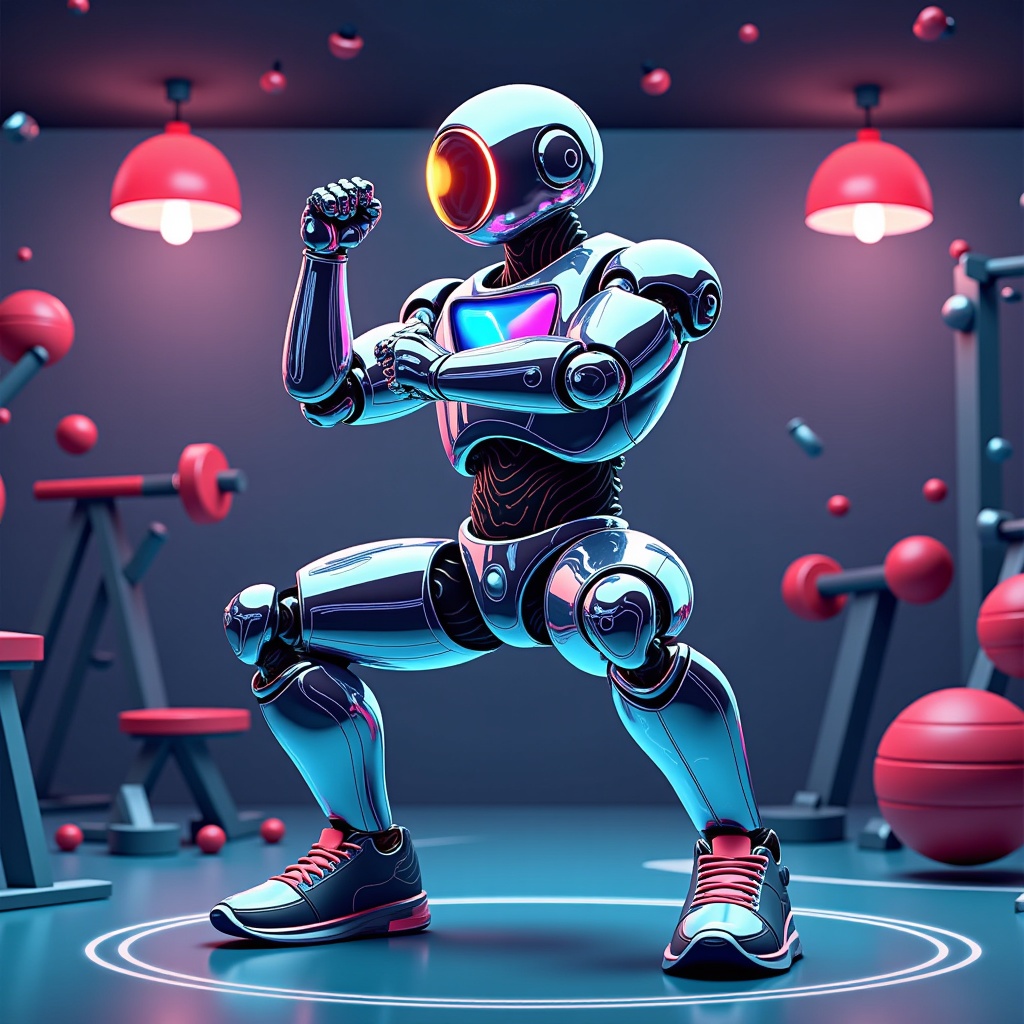  a robot in a gym. The robot is standing on its hind legs with its arms stretched out in front of it. It has a round head with two large orange eyes and a blue body. Its arms are raised in a fist-like gesture, as if it is ready to fight. The background of the image is filled with various gym equipment, including dumbbells, exercise balls, and weights. The floor is made of blue tiles, and there are red pendant lights hanging from the ceiling. The overall color scheme of the room is blue and red, giving it a futuristic and energetic feel.