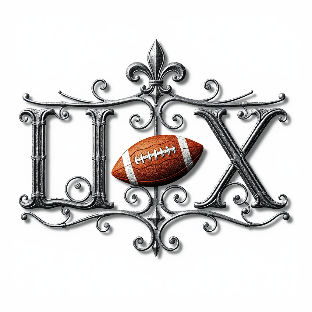 Intricate New Orleans French Quarter wrought ironwork patterns forming the Roman numerals 'LIX,' with subtle football lace details, yard line marks, or a small football shape woven into the iron swirls, possibly crowned with a fleur-de-lis.