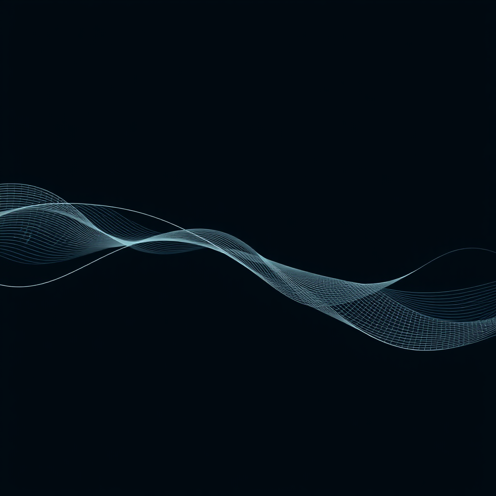 Represent simple data points as individual minimalist lines or dots. These elements then flow, converge, and layer upon each other to create dynamic, complex data streams or abstract wave patterns, visualizing the process of generative emergence.