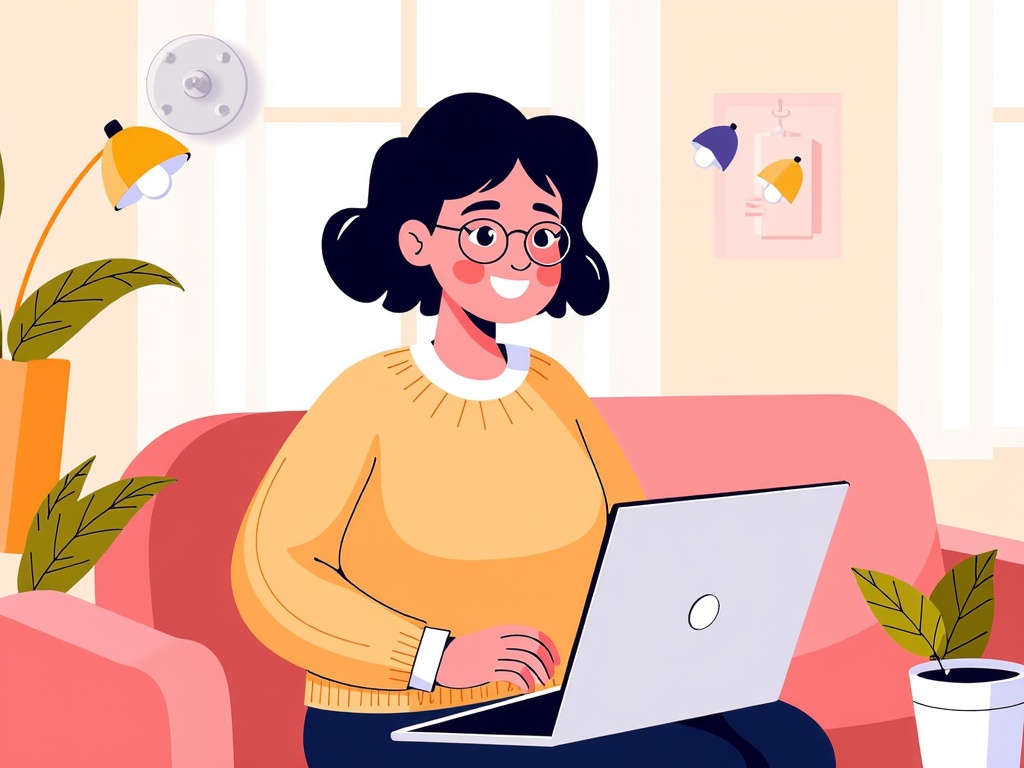  a young woman sitting on a pink couch with a laptop in front of her. She is wearing a yellow sweater and glasses and has a big smile on her face. The laptop is silver and appears to be open and she is typing on the keyboard. There are two potted plants on either side of the couch and a lamp on the left side. The background shows a window with white curtains and a picture hanging on the wall. The overall style of the illustration is cartoon-like and the overall color scheme is bright and cheerful.