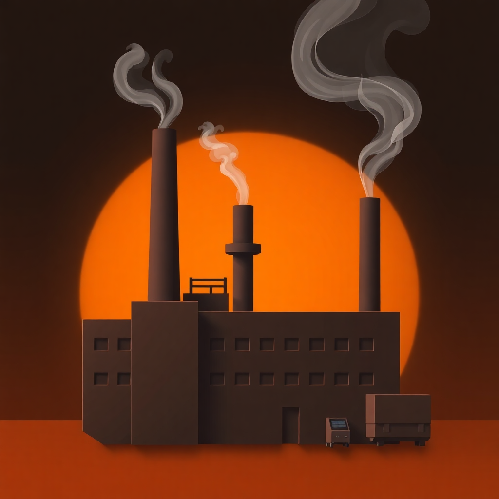 The image is an illustration of a factory building with three tall chimneys emitting smoke into the sky. The building is made of dark brown bricks and has multiple windows on the front. The chimneys are tall and cylindrical, with a tall chimney on top. The smoke is white and billowing upwards, creating a hazy effect. The background is a gradient of orange and yellow, with the sun setting in the distance. The overall mood of the image is dark and ominous.