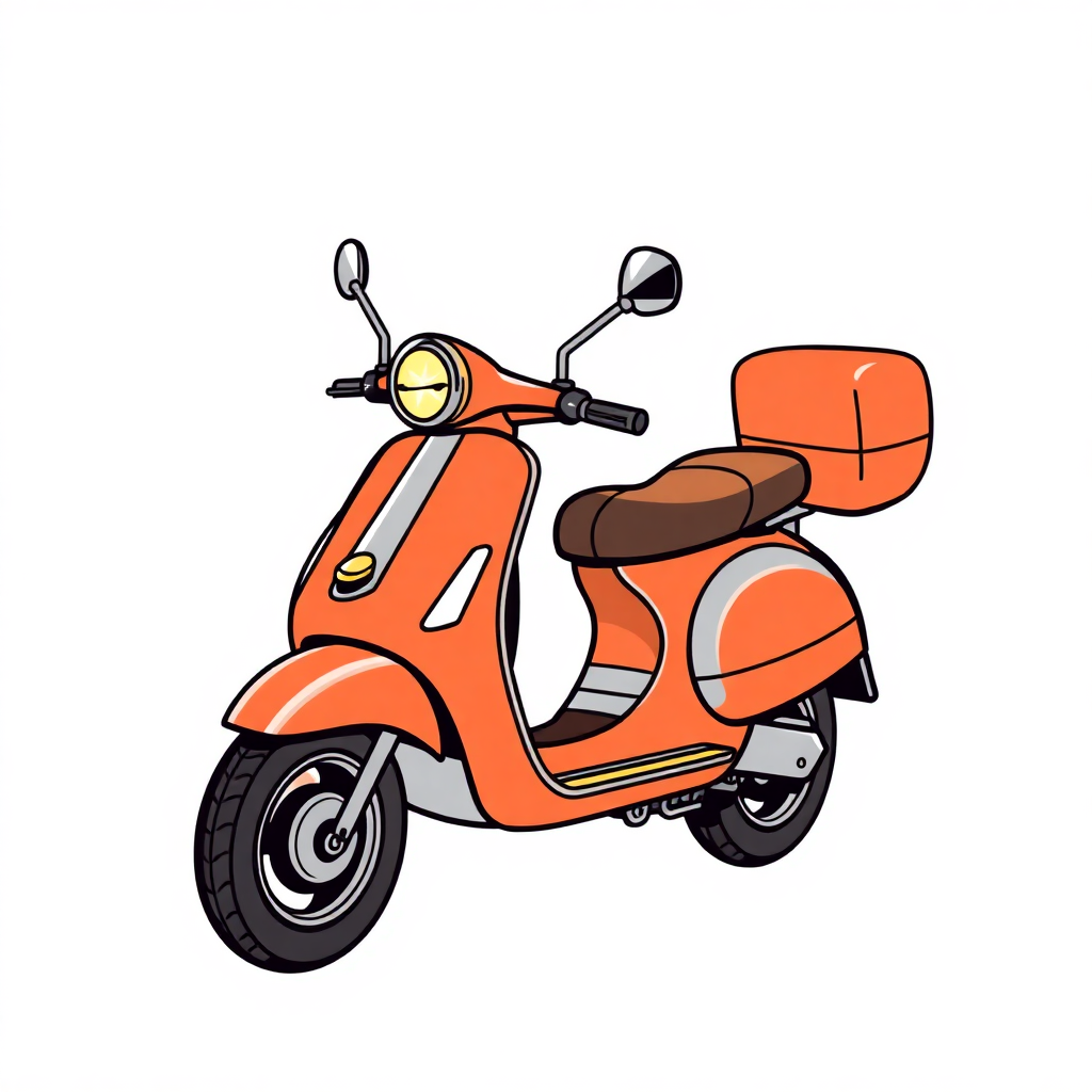 The image is a digital illustration of an orange scooter. The scooter has a round headlight and two side mirrors on either side. The handlebars are curved and the seat is brown. There is a small orange box attached to the back of the scooter, which appears to be a storage compartment. The wheels are black and appear to be made of rubber. The background is white.