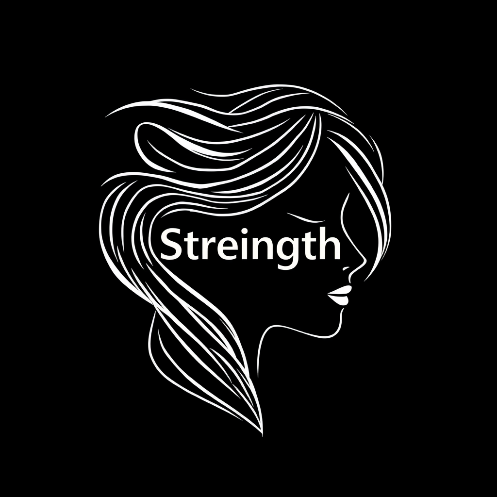 Abstract representation of a woman's face, with flowing lines forming the hair and the text 'Strength' embedded within the lines.