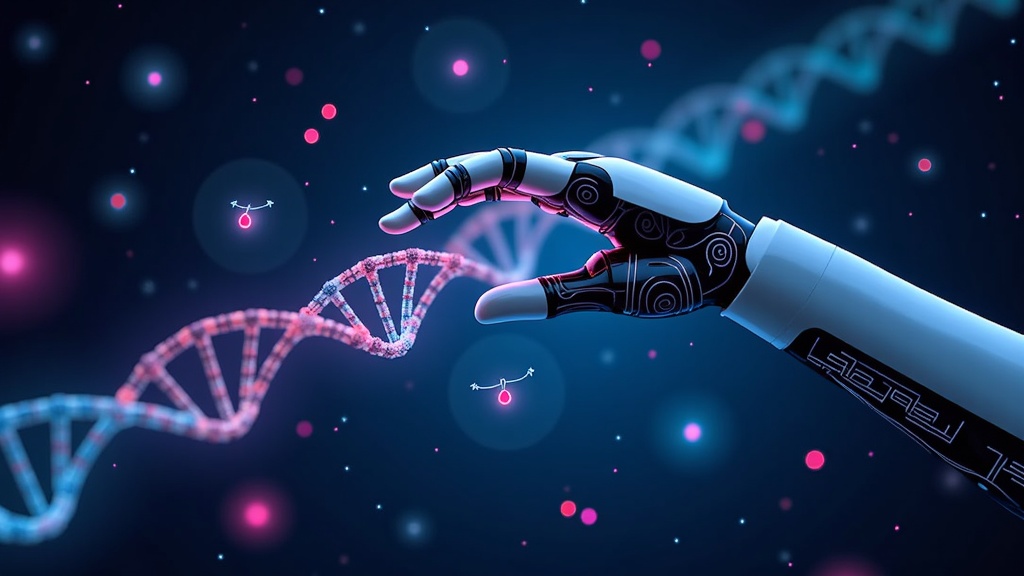 An AI-driven robotic arm, sleek and futuristic, delicately manipulating holographic DNA strands. As the arm 'touches' specific gene sequences, these sequences light up, and corresponding potential drug molecules are instantly simulated and visualized floating nearby, showing efficacy or side effects through color codes.