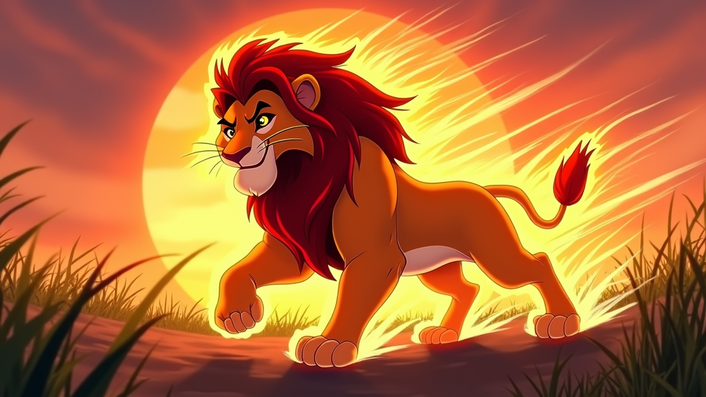 A lion with a glowing mane and powerful paws, surrounded by a dynamic energy effect, symbolizing speed and power.